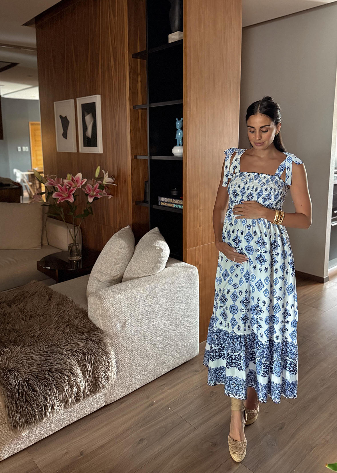 Vestido estampado azul tirantes moño