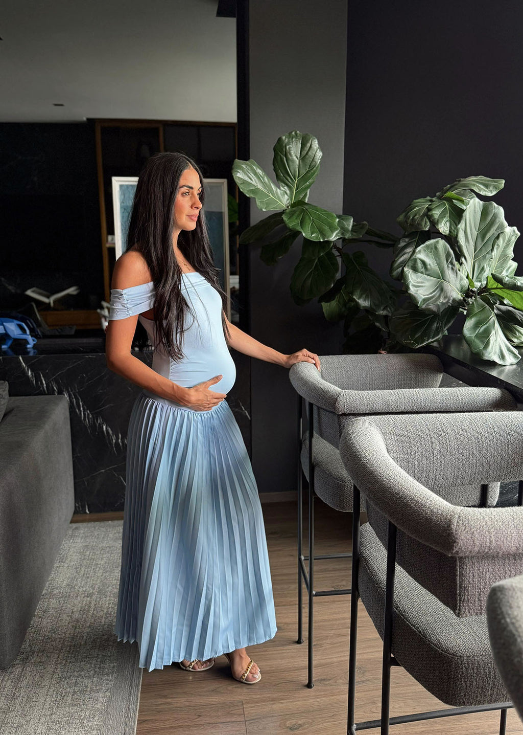 Vestido off shoulder tablones baby blue