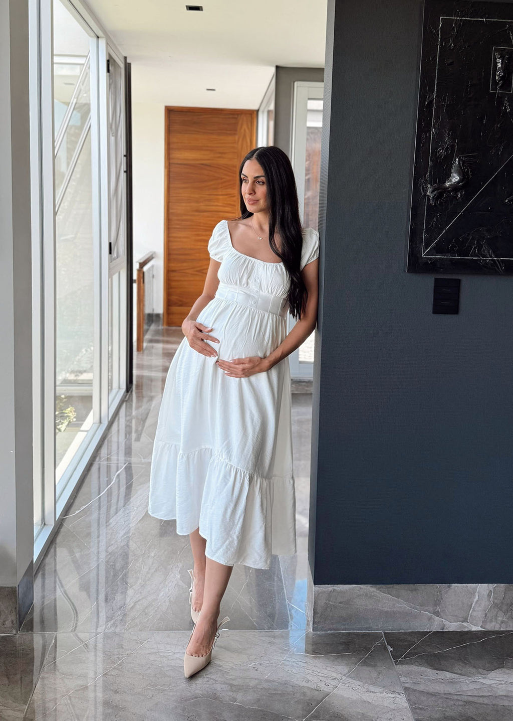 vestido midi blanco mangas resorte