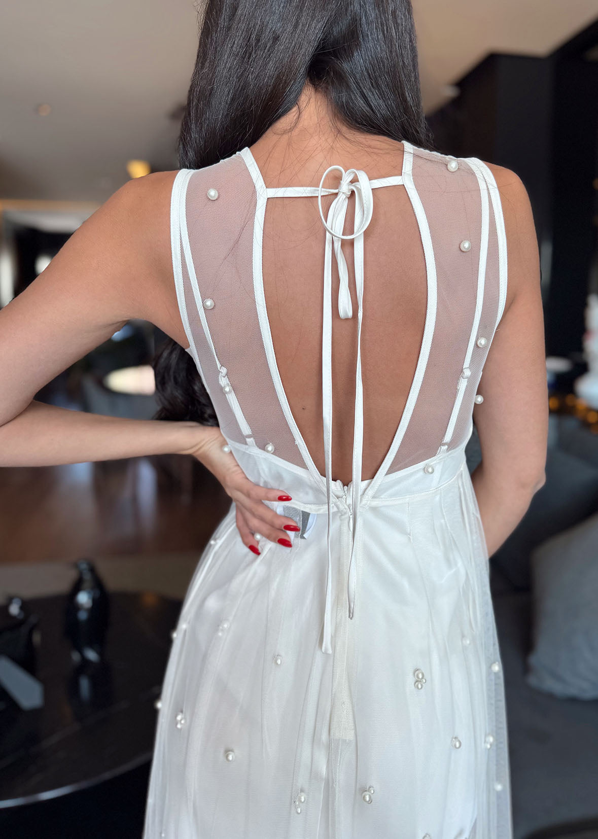 Vestido midi tul blanco perlas