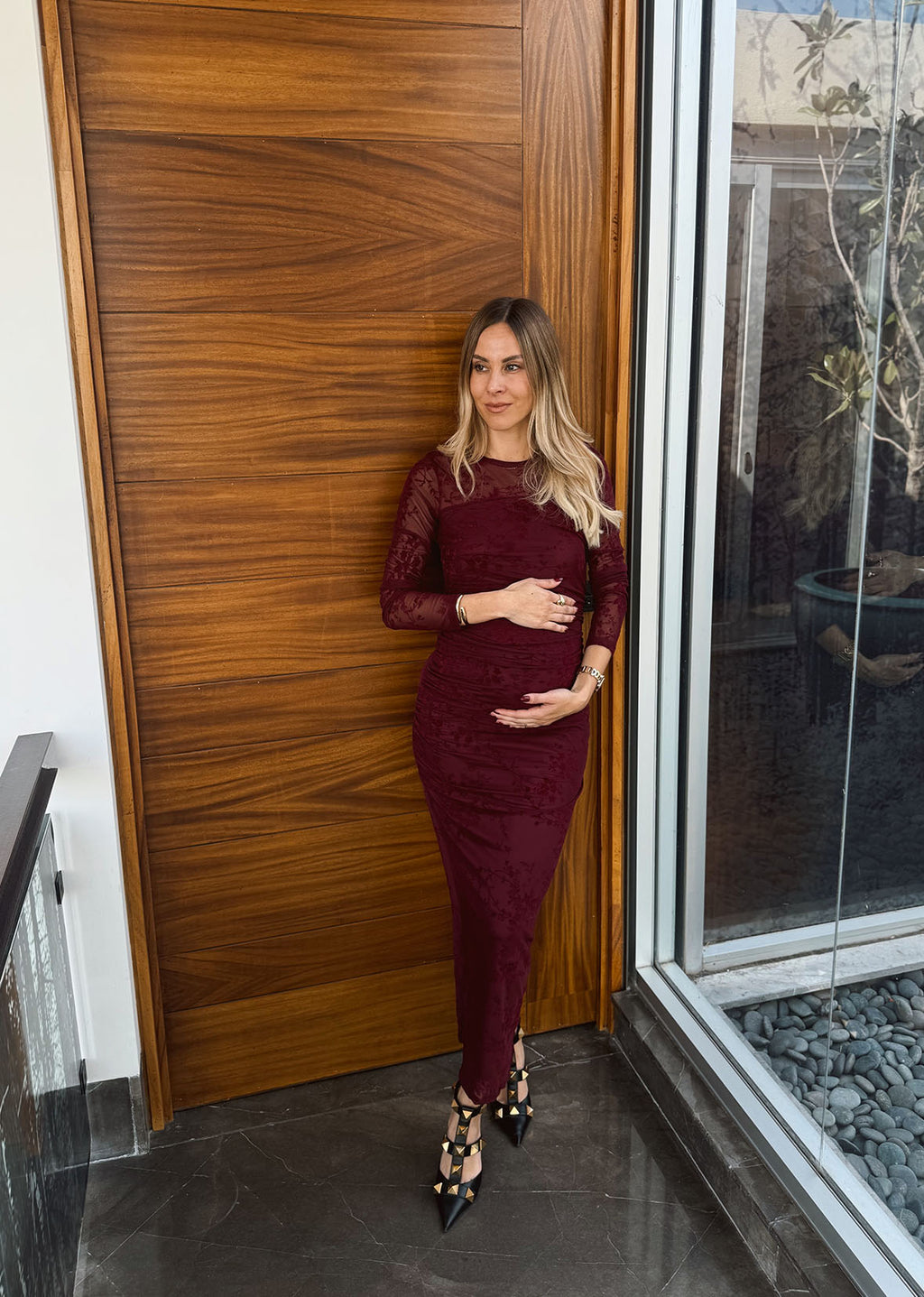 Vestido burgundy estampado flores velvet