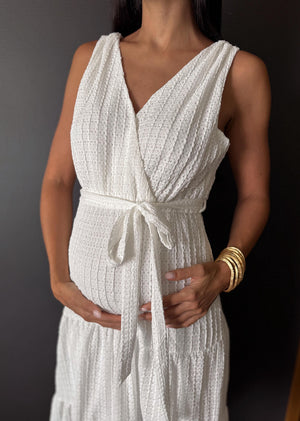 Vestido midi blanco calado con cinto