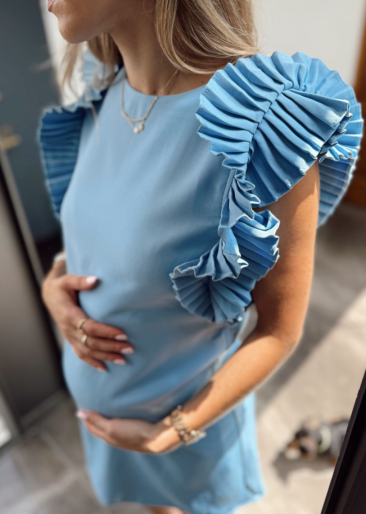 Vestido corto azul mangas solapa