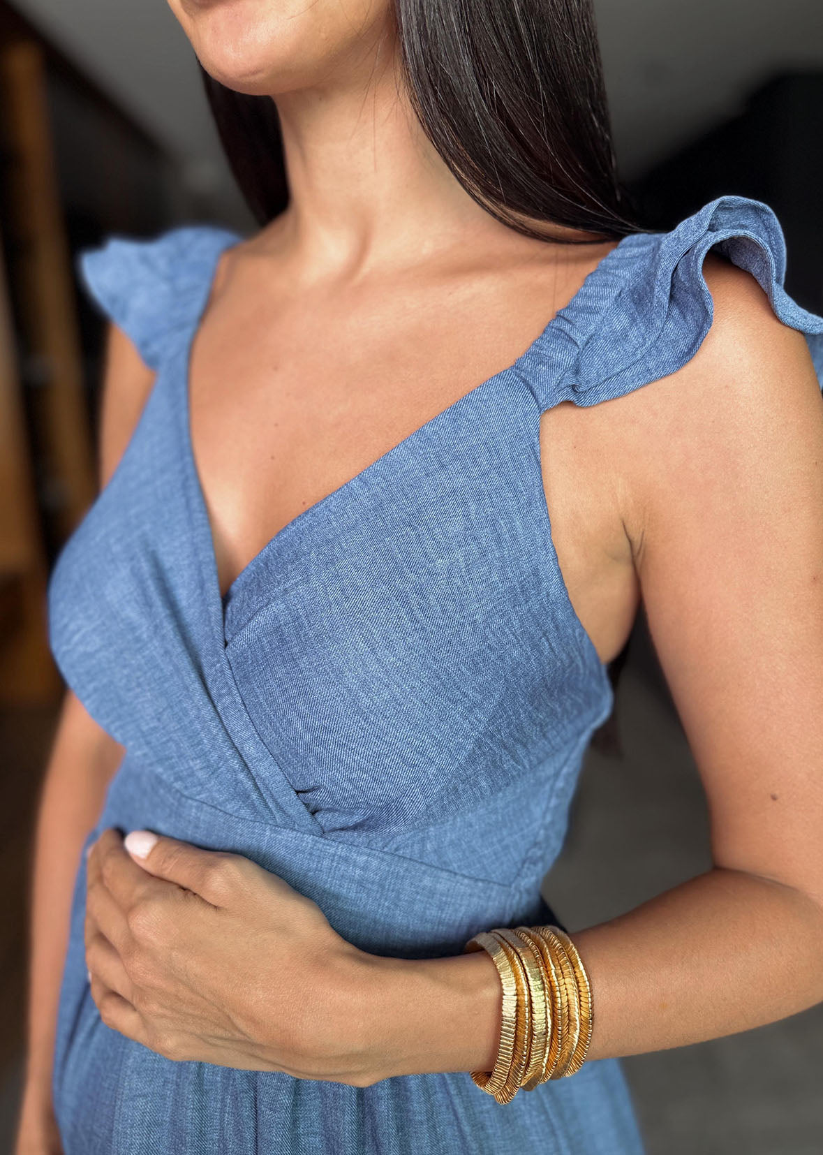 Vestido largo denim mangas olanes