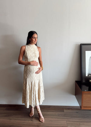 Vestido midi encaje flores beige
