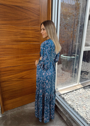 Vestido largo azul estampado