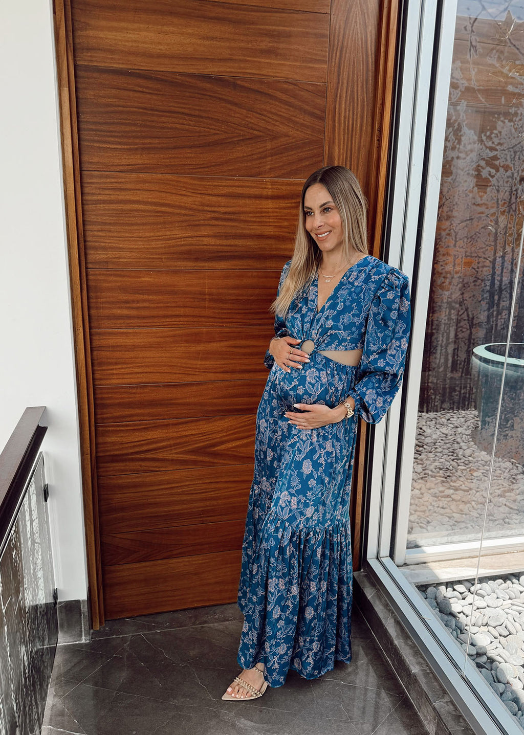 Vestido largo azul estampado
