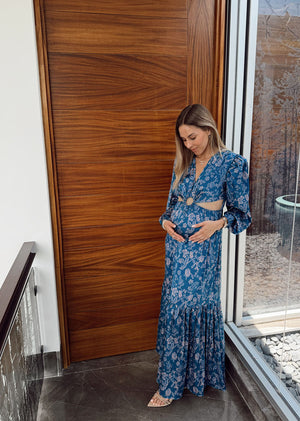 Vestido largo azul estampado