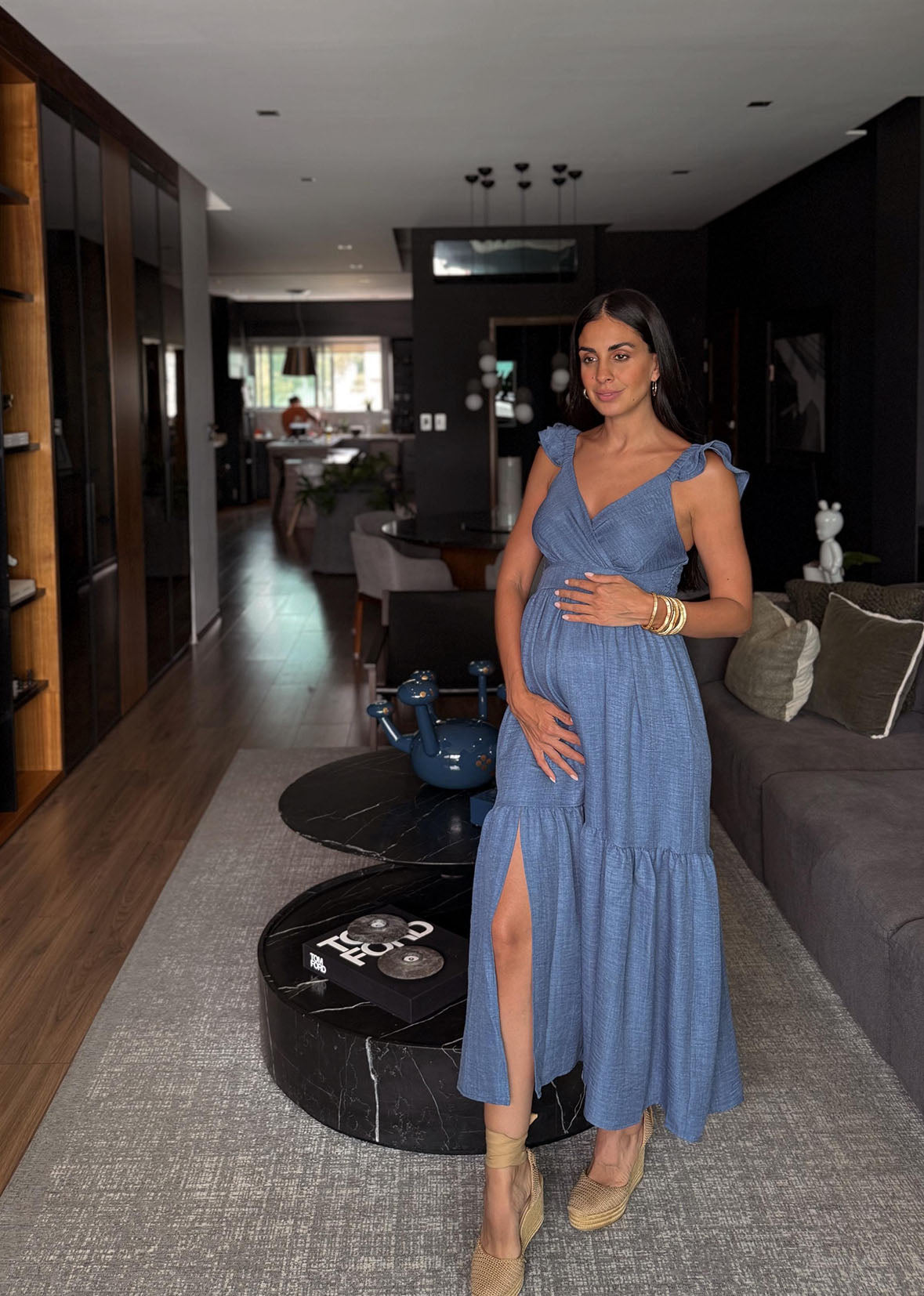 Vestido largo denim mangas olanes