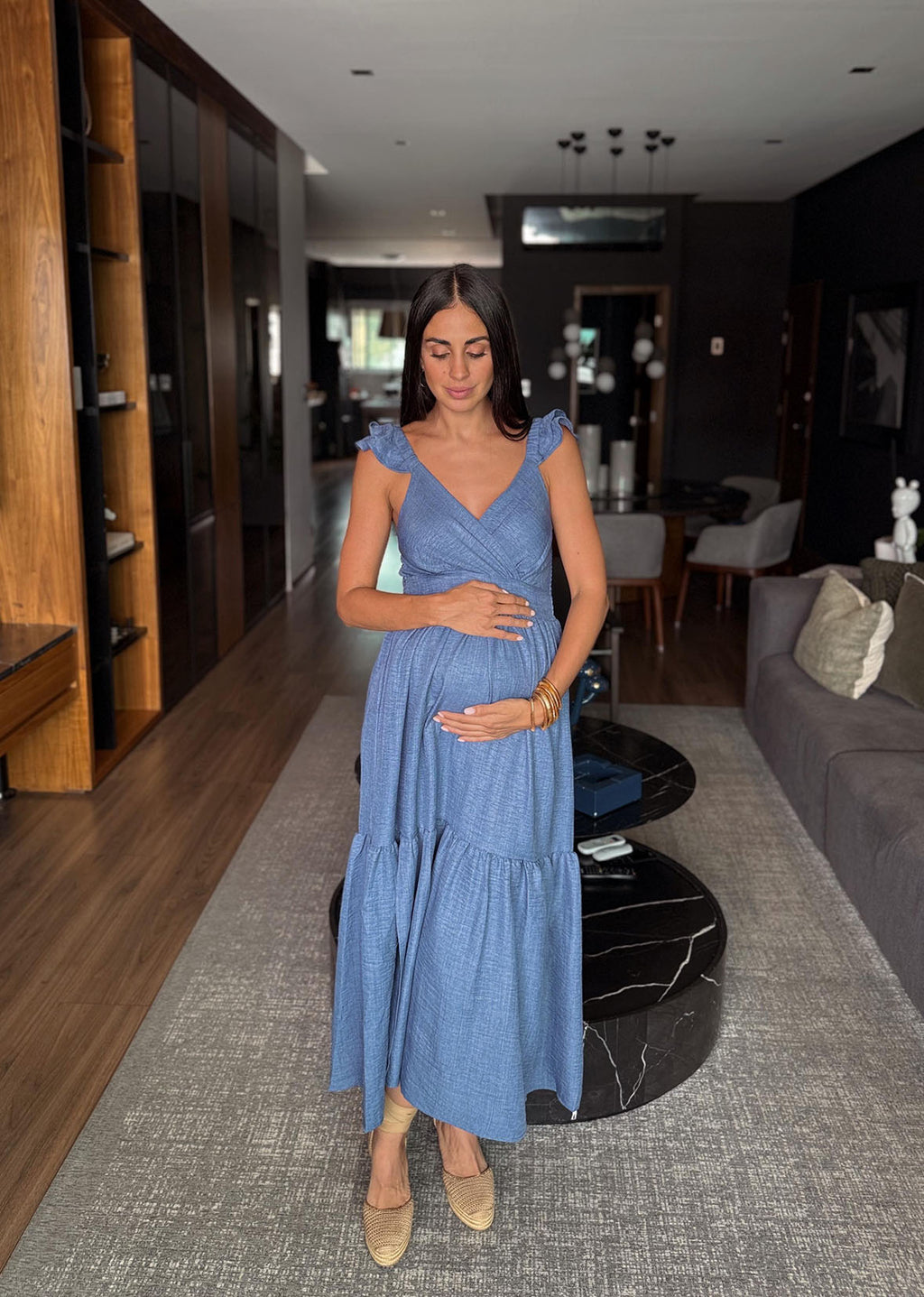 Vestido largo denim mangas olanes