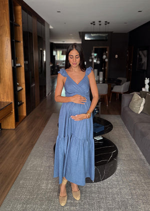 Vestido largo denim mangas olanes