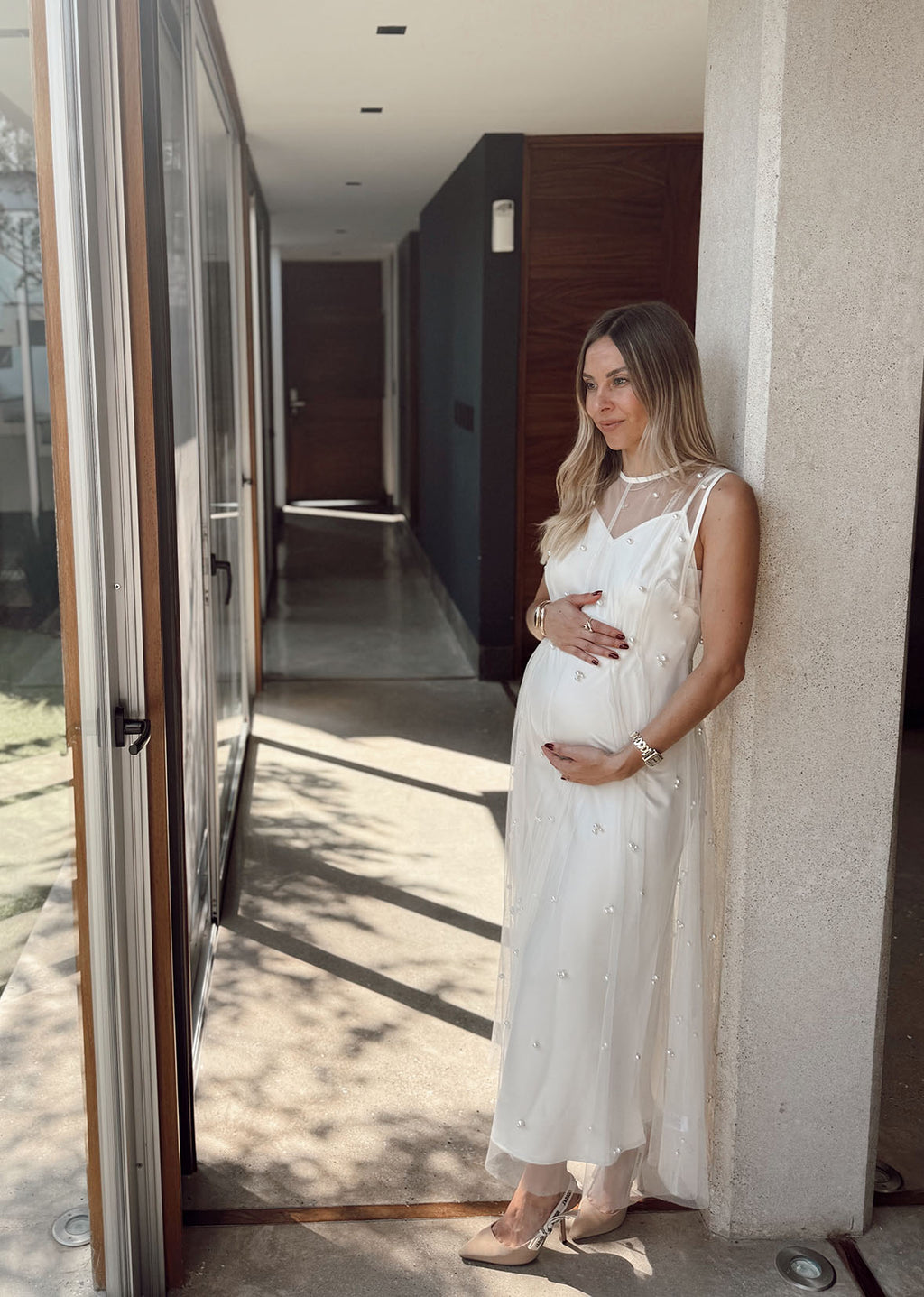 Vestido midi tul blanco perlas