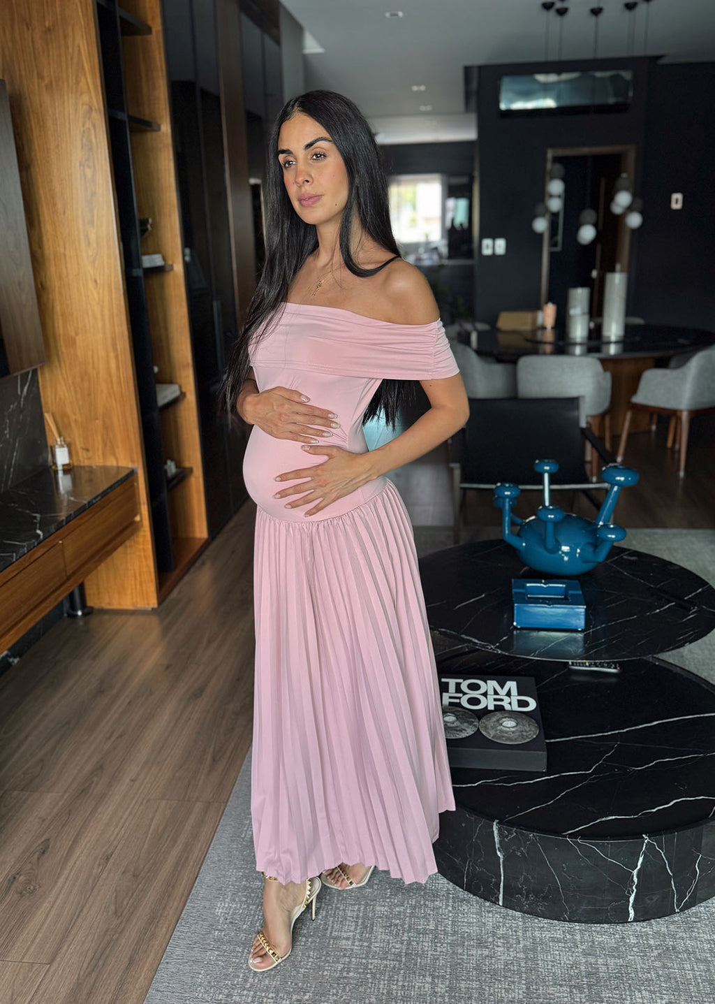 Vestido off shoulder tablones baby pink