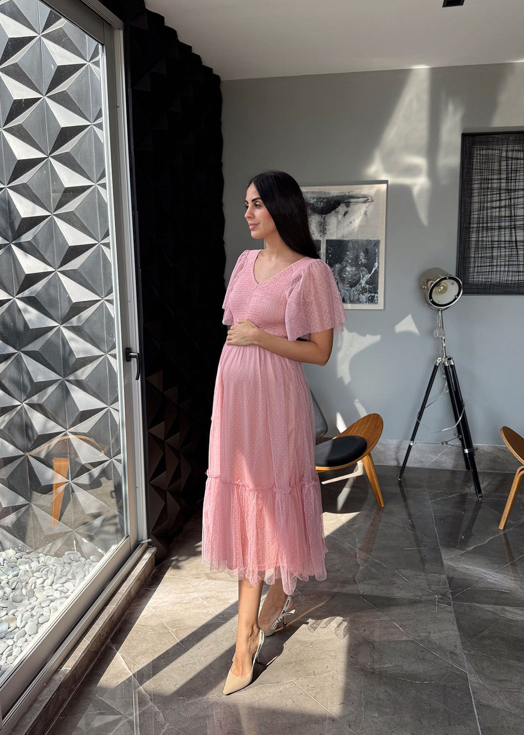 Vestido midi tul baby pink lunares
