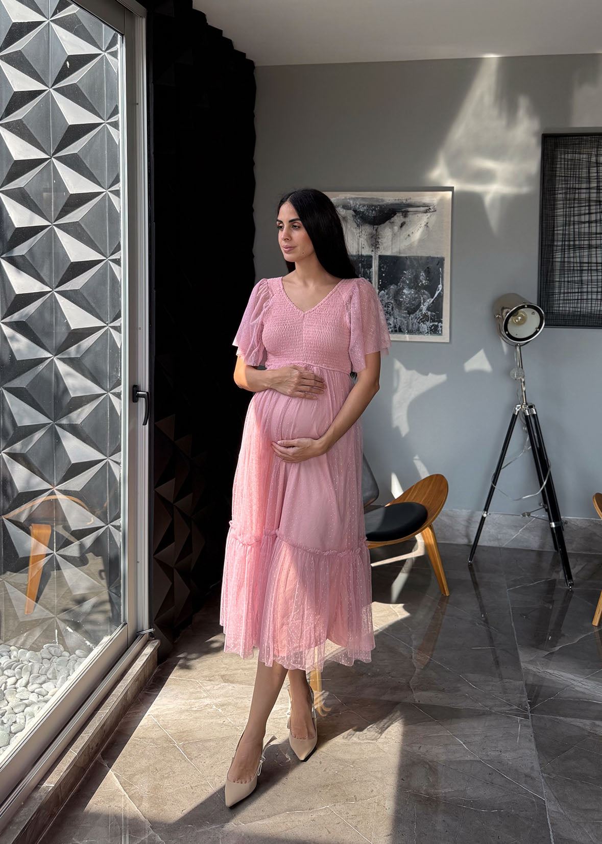 Vestido midi tul baby pink lunares