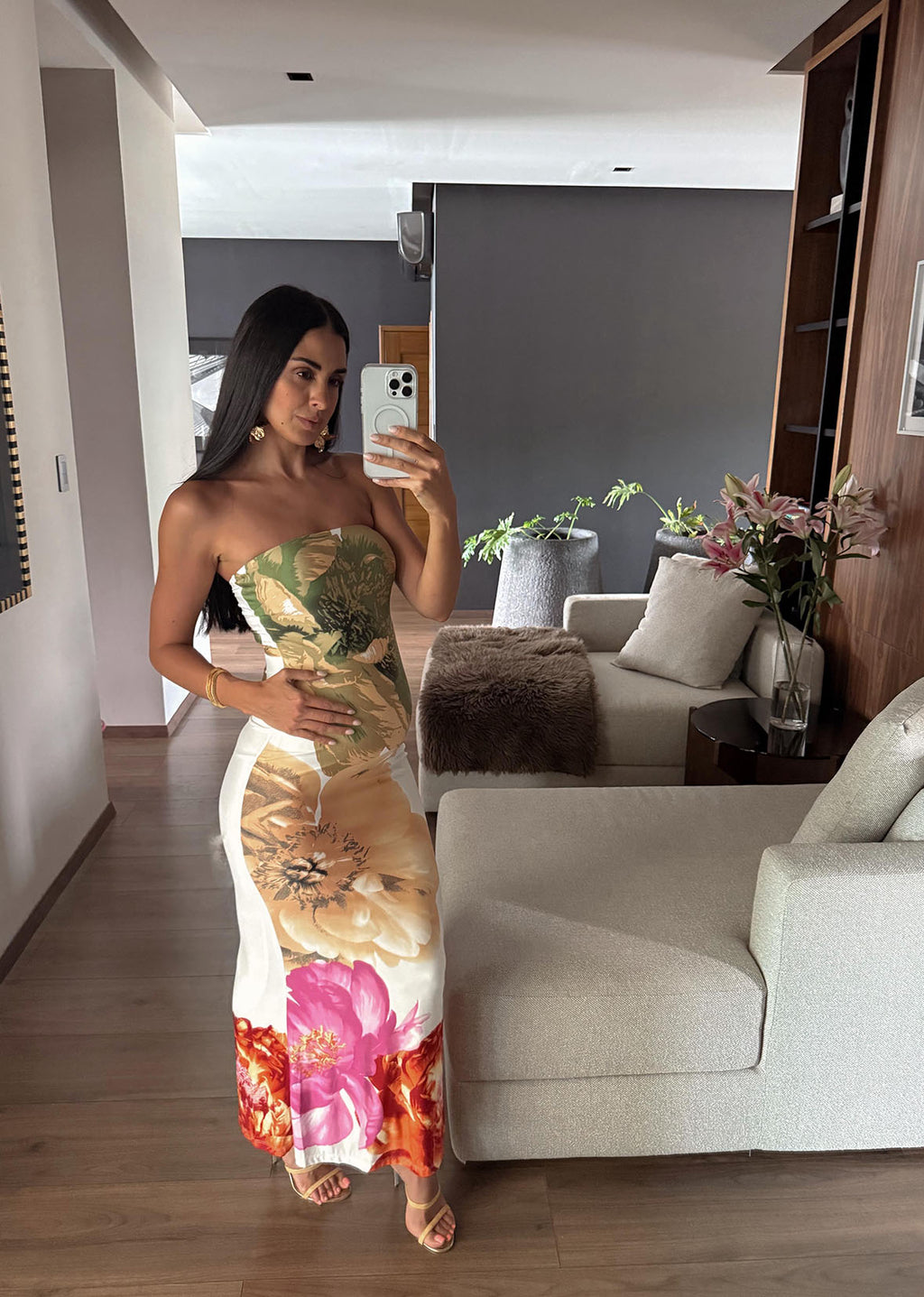 Vestido strapless estampado flores