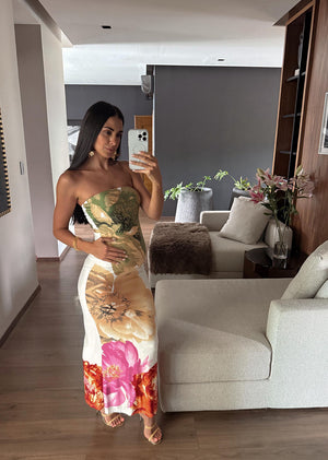Vestido strapless estampado flores