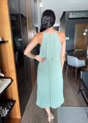 Vestido midi tablones menta plisado