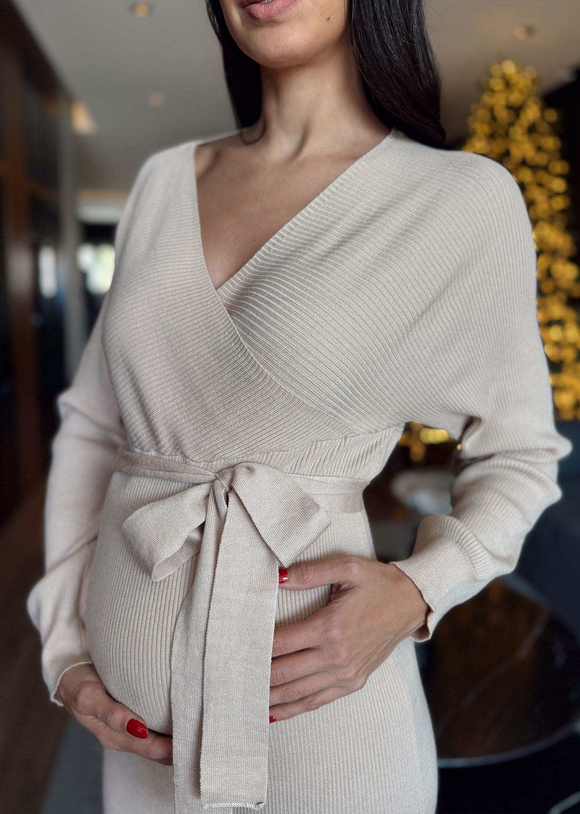 Vestido tejido cruzado beige