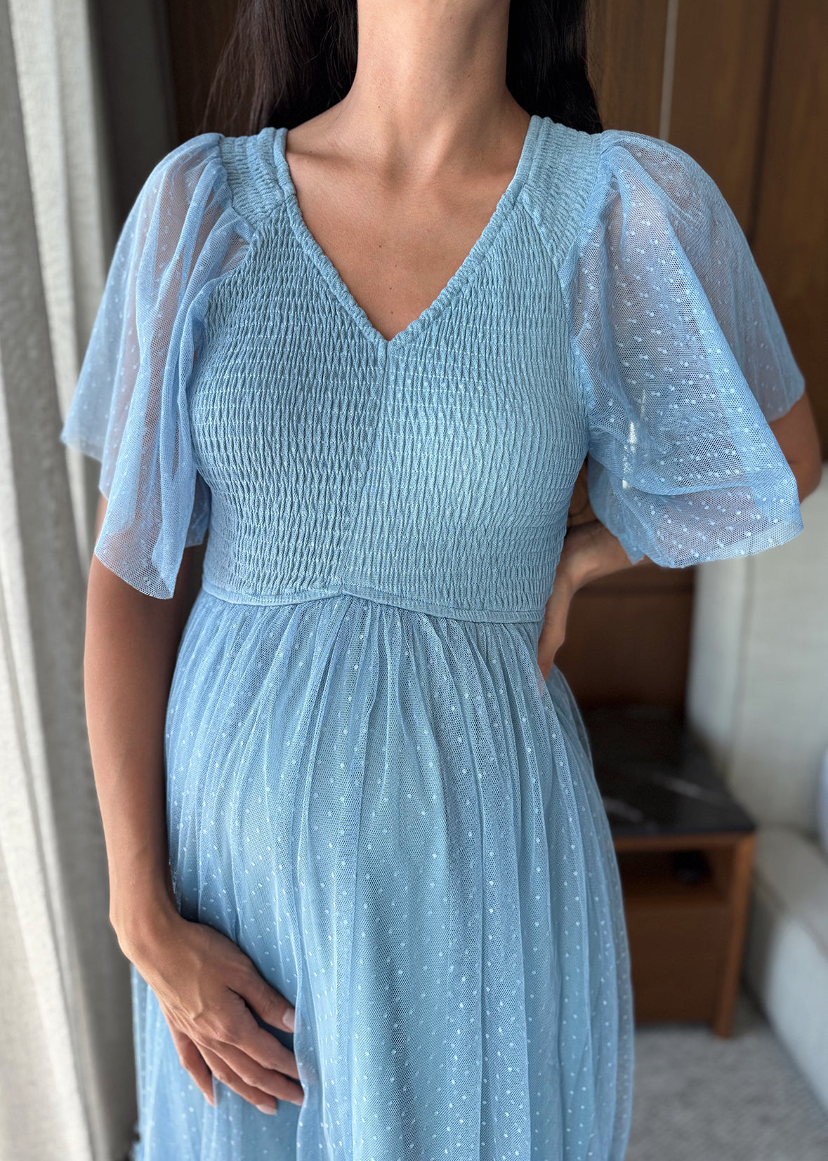 Vestido mangas midi olanes gasa baby blue