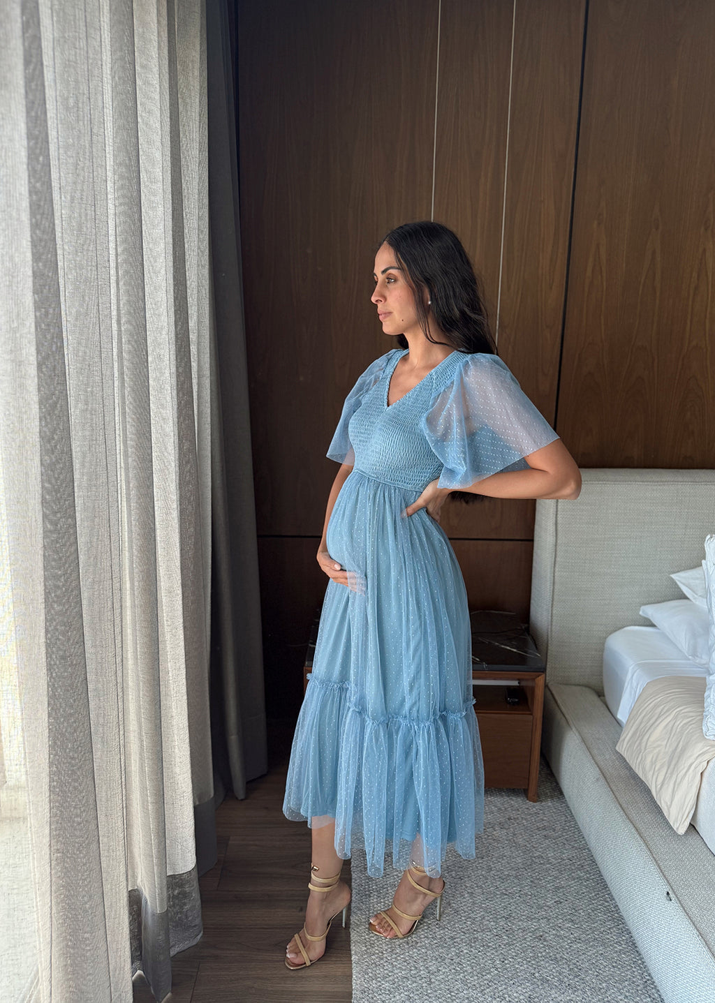 Vestido mangas midi olanes gasa baby blue