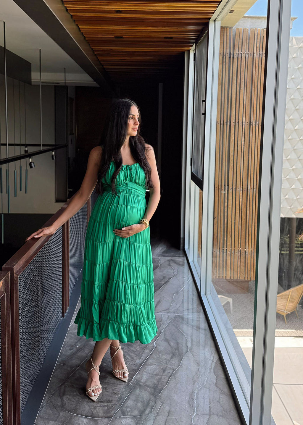Vestido verde midi plisado