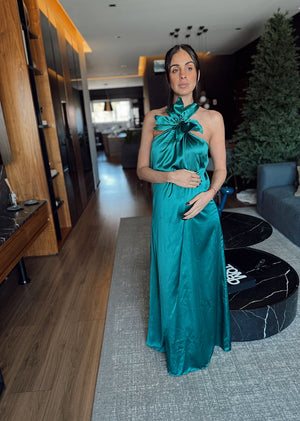 Vestido turquesa largo satin flor