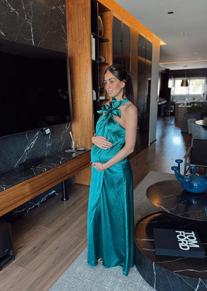 Vestido turquesa largo satin flor